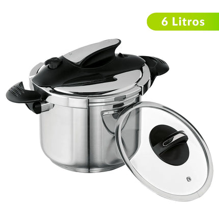 Olla A Presion Universal 6Lts Abrefacil Acero Inoxidable + Tapa de Vidrio